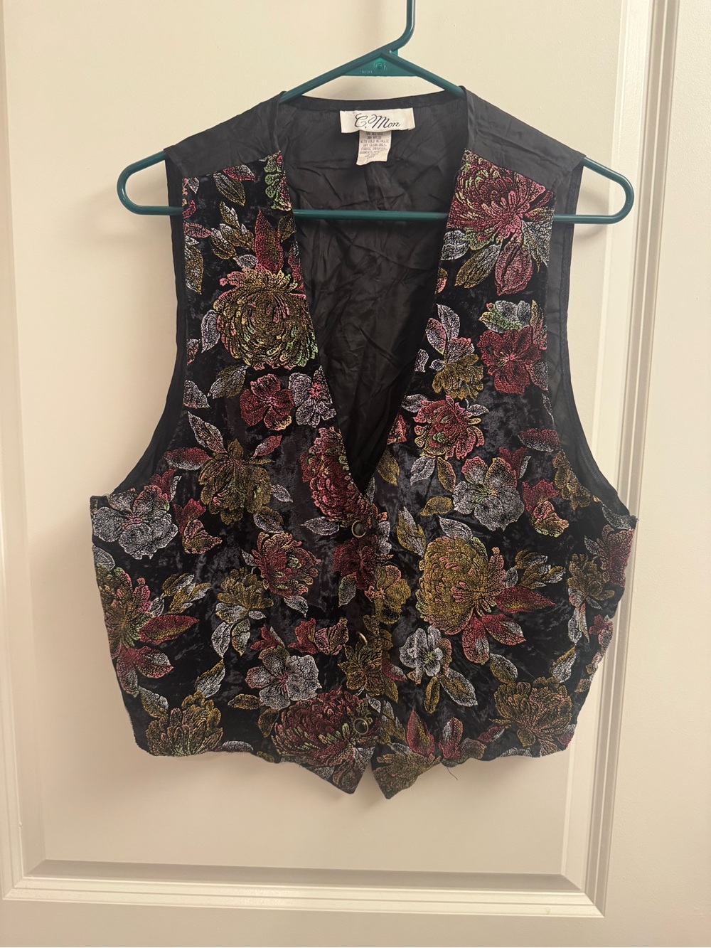 Vintage Embroidered Floral Velvet Vest with Multicolor Blooms